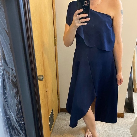 Topshop Ruffle One Shoulder Asymmetrical Hem Blue Scuba Dress - Picture 7 of 16